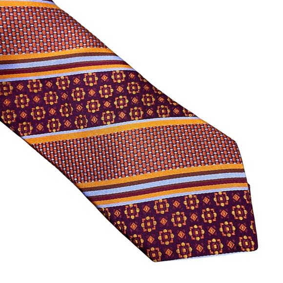 Ted Baker Designer Necktie 100% Silk Burgundy‎ Orange Blue Mixed Pattern 3.5" - Picture 2 of 5